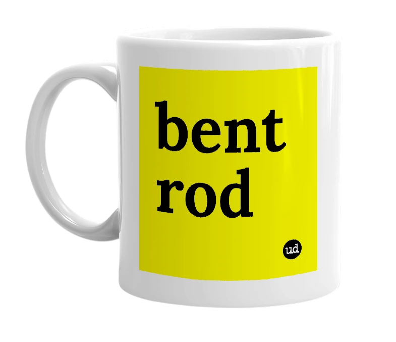 White mug with 'bent rod' in bold black letters