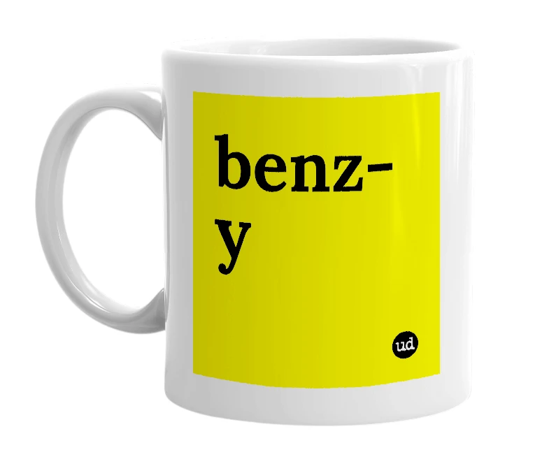 White mug with 'benz-y' in bold black letters