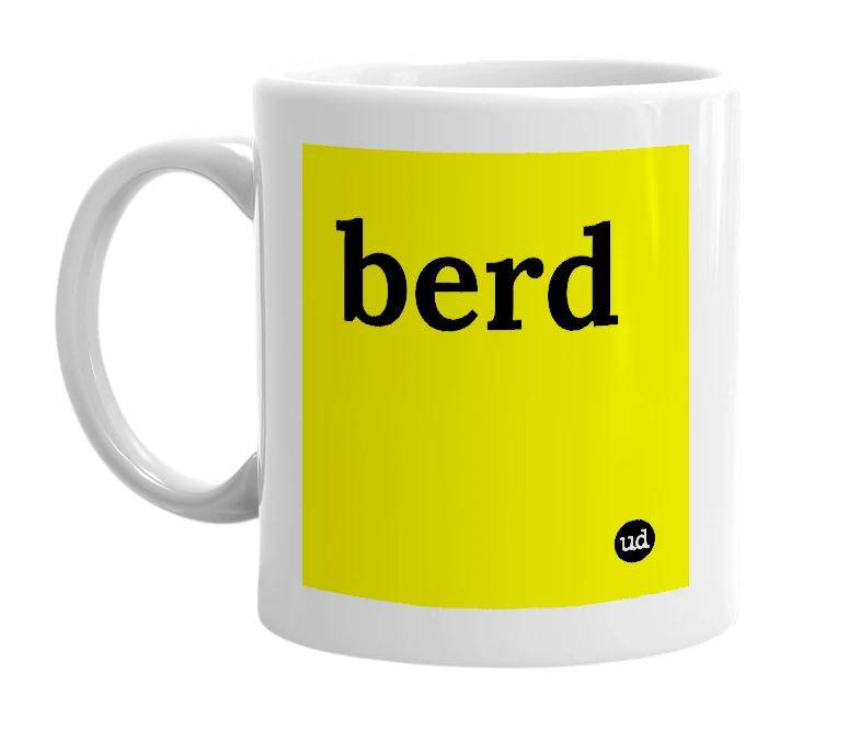 White mug with 'berd' in bold black letters