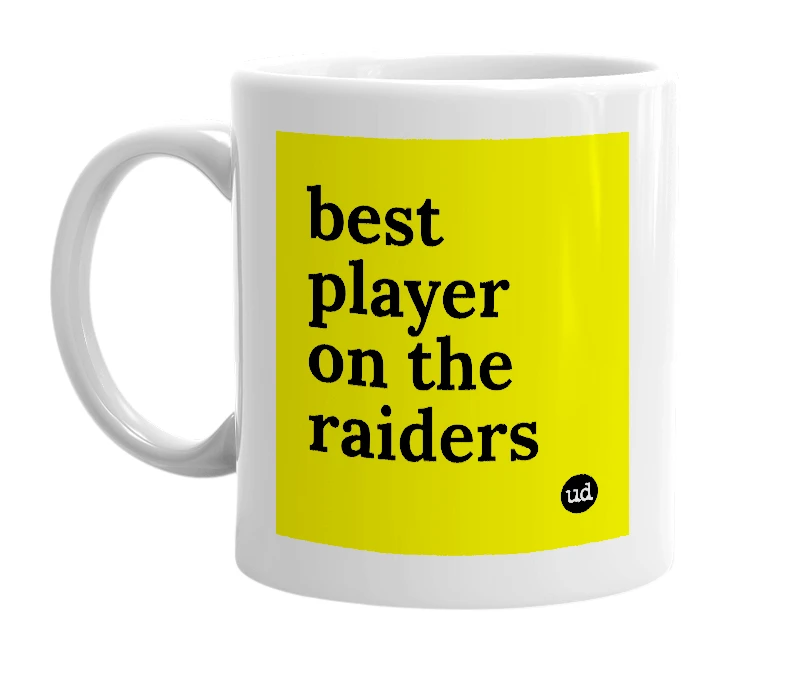 White mug with 'best player on the raiders' in bold black letters