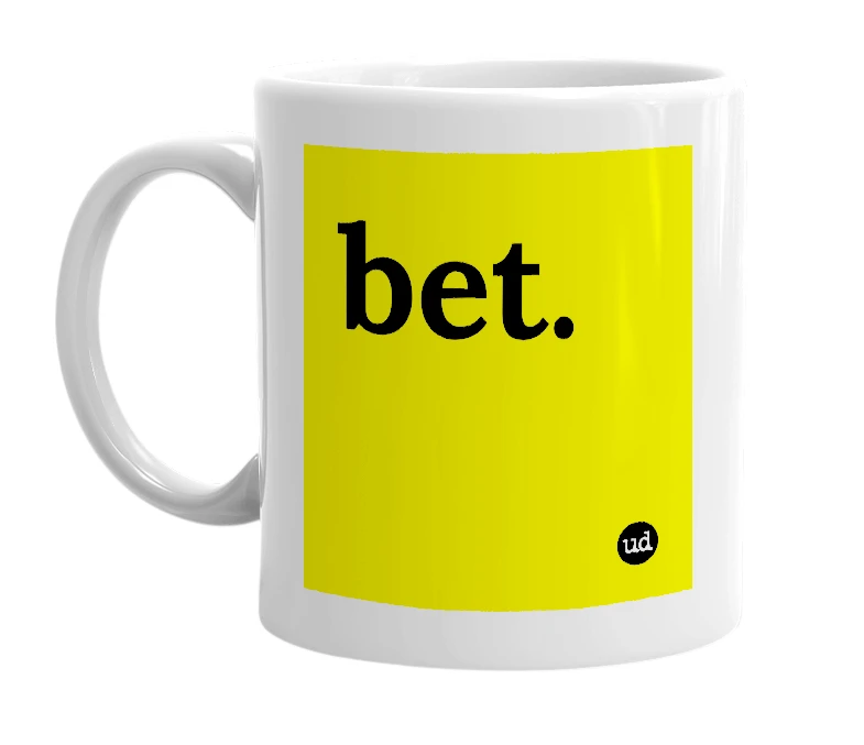 White mug with 'bet.' in bold black letters