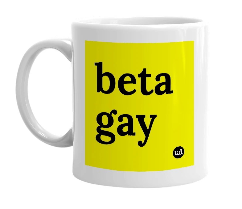 White mug with 'beta gay' in bold black letters