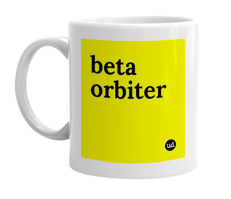 White mug with 'beta orbiter' in bold black letters