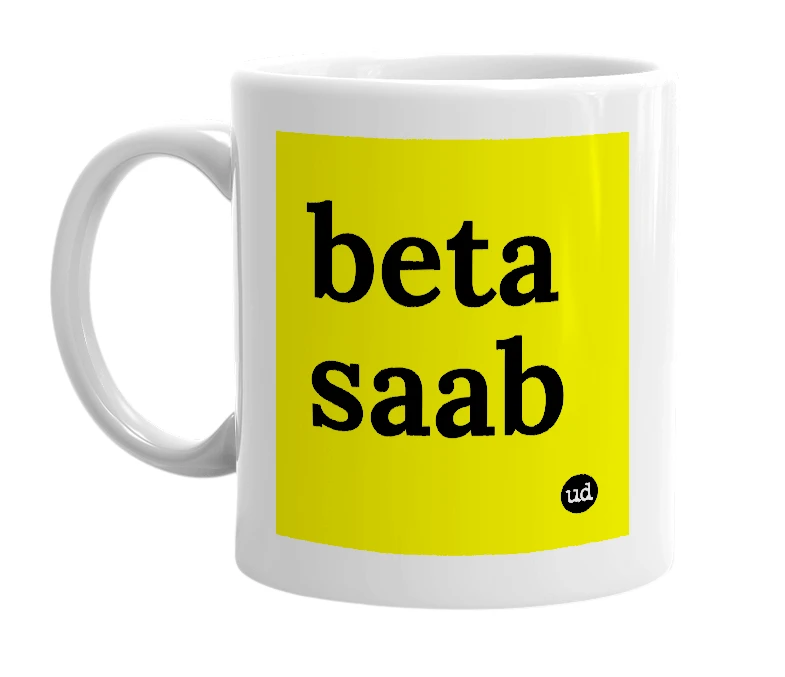 White mug with 'beta saab' in bold black letters