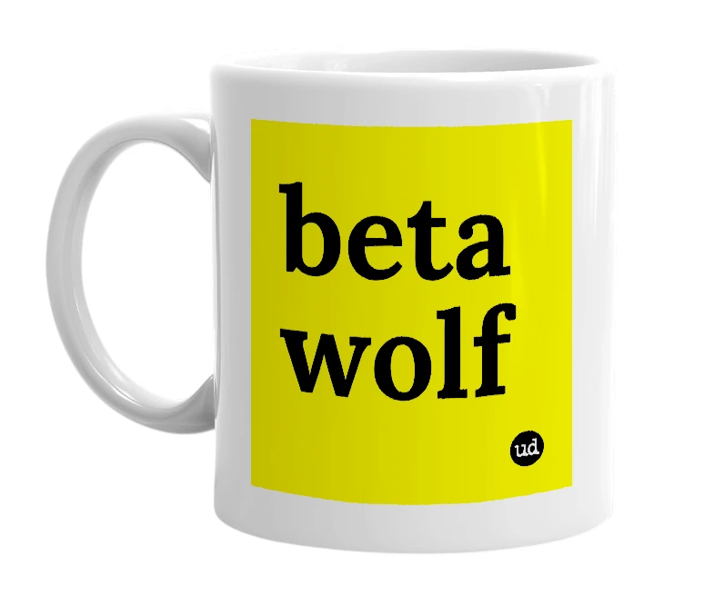White mug with 'beta wolf' in bold black letters