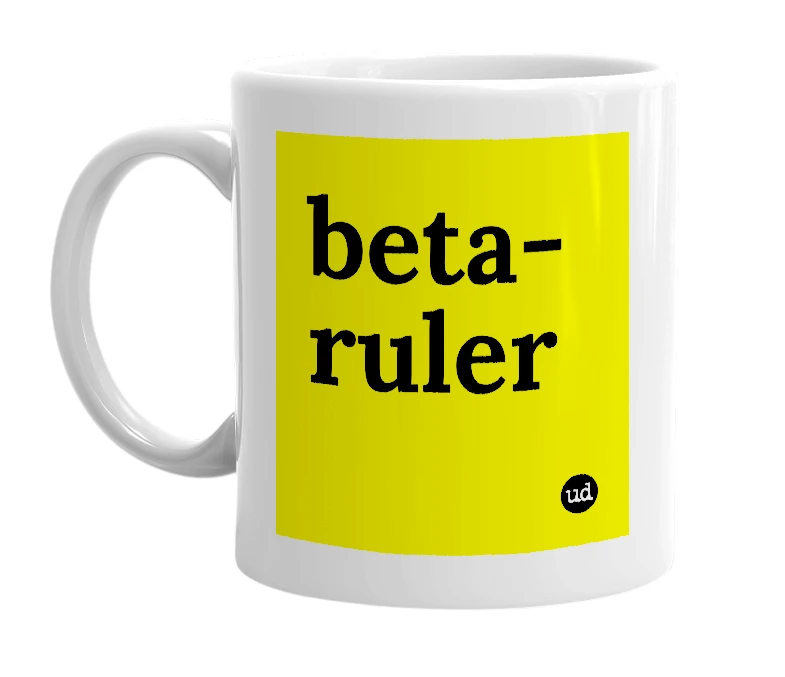 White mug with 'beta-ruler' in bold black letters