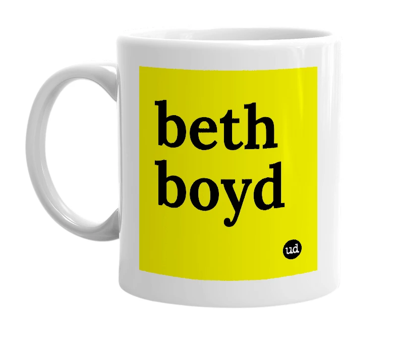White mug with 'beth boyd' in bold black letters