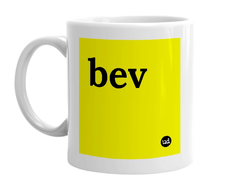 White mug with 'bev' in bold black letters