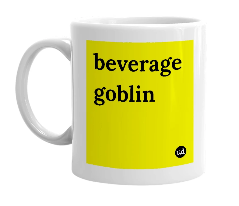 White mug with 'beverage goblin' in bold black letters
