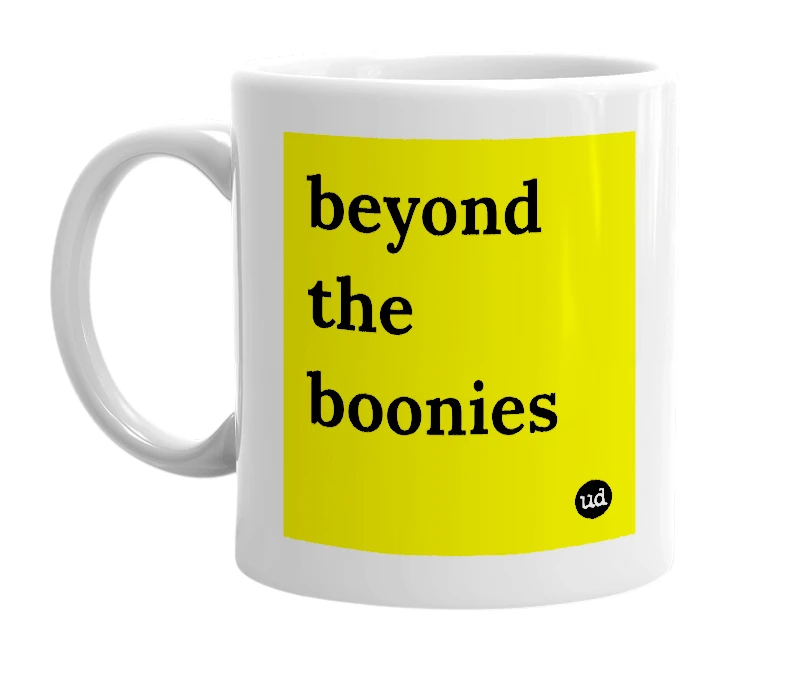 White mug with 'beyond the boonies' in bold black letters
