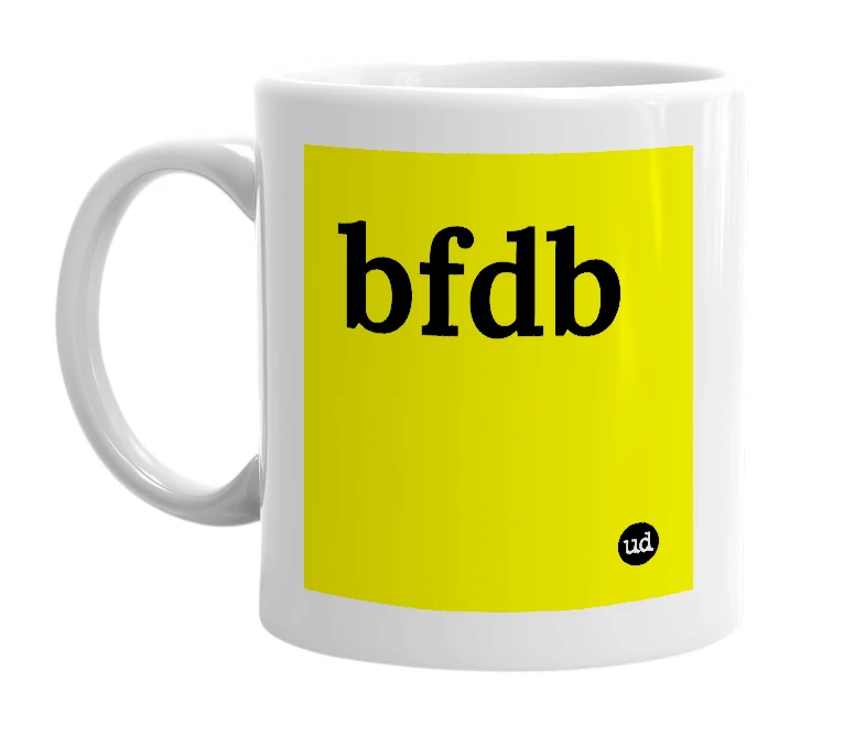 White mug with 'bfdb' in bold black letters