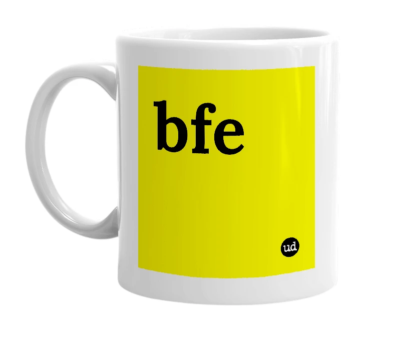 White mug with 'bfe' in bold black letters