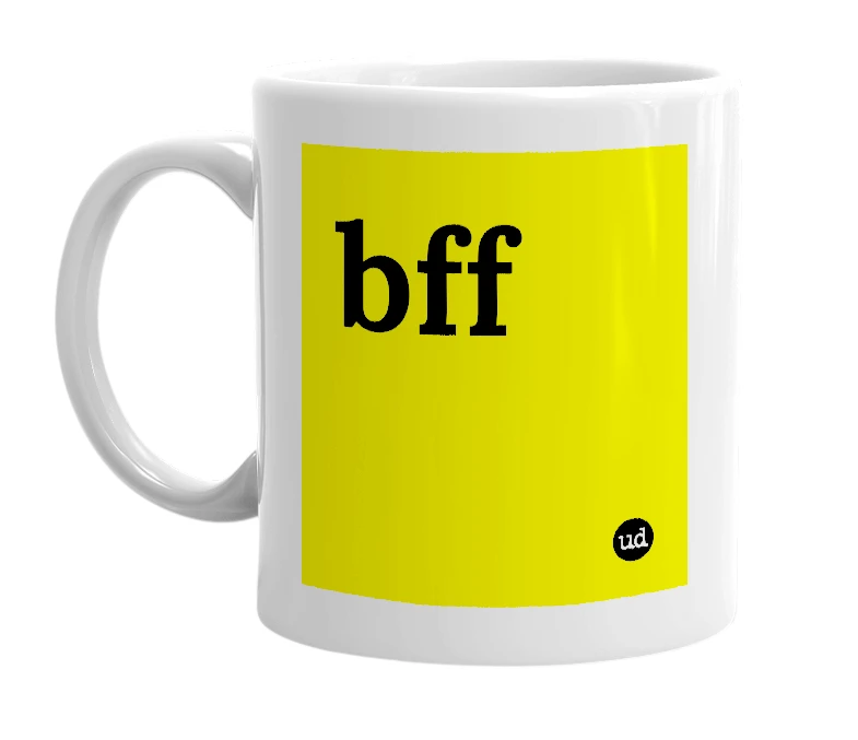 White mug with 'bff' in bold black letters