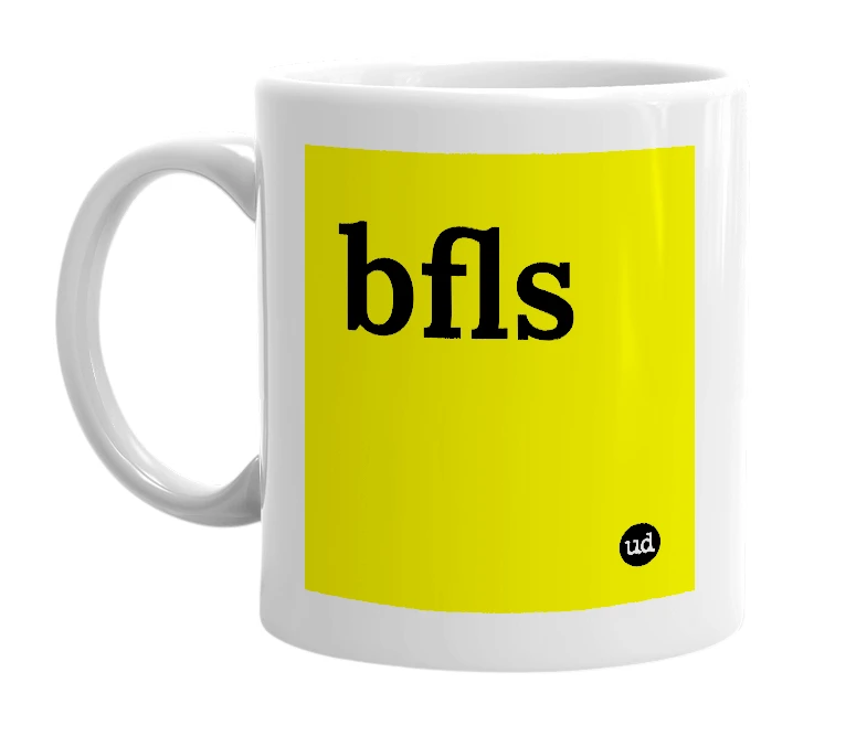 White mug with 'bfls' in bold black letters