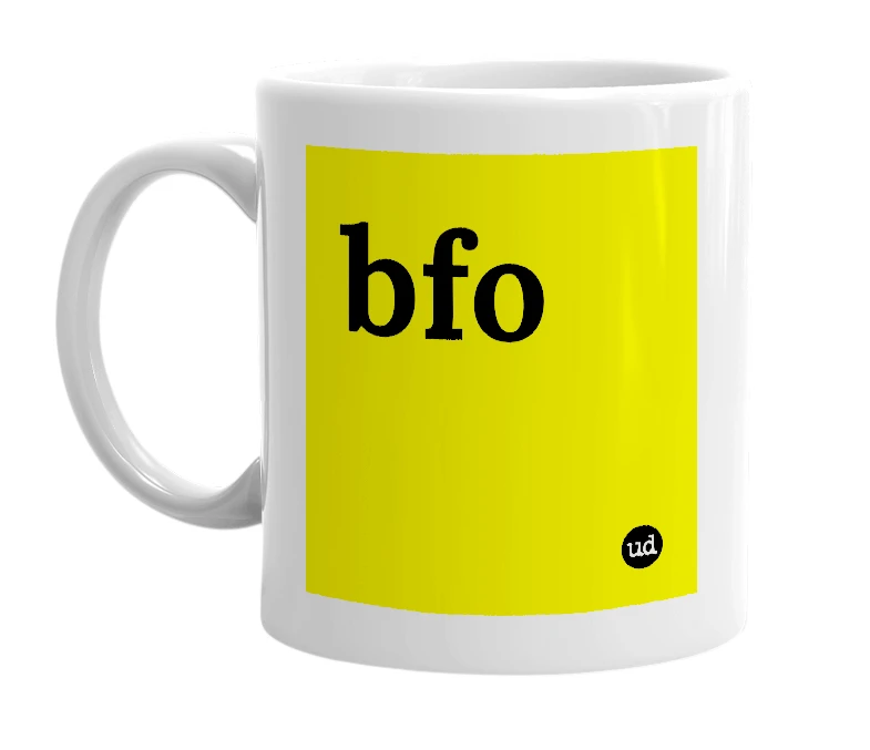 White mug with 'bfo' in bold black letters