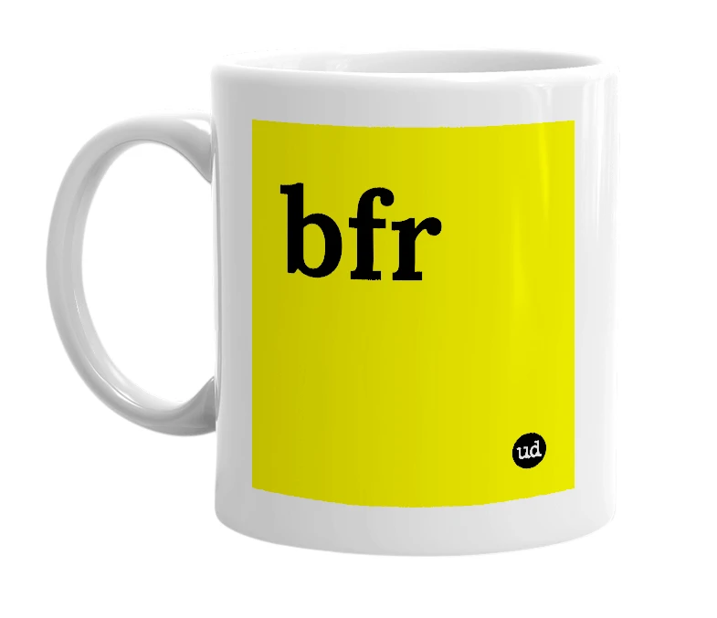 White mug with 'bfr' in bold black letters