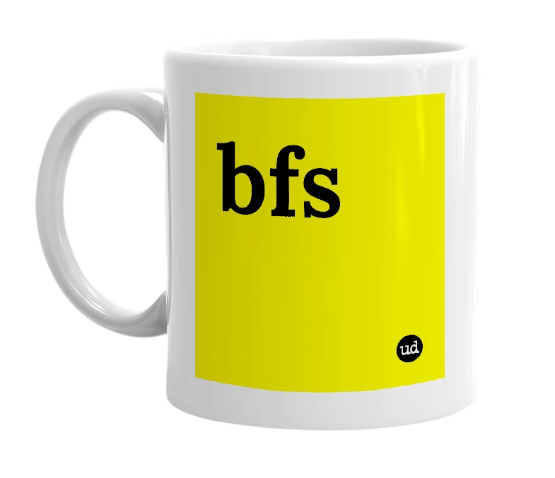 White mug with 'bfs' in bold black letters