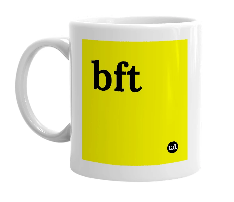 White mug with 'bft' in bold black letters