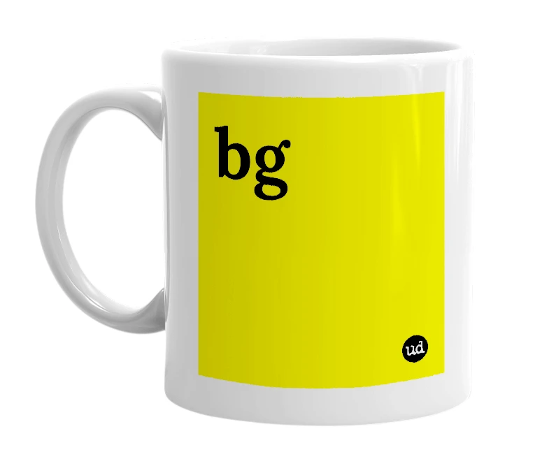 White mug with 'bg' in bold black letters