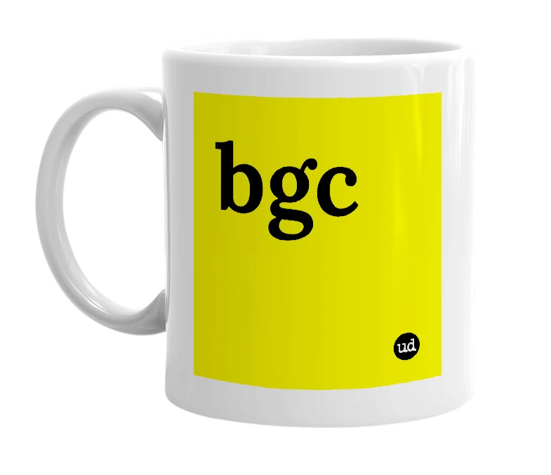 White mug with 'bgc' in bold black letters