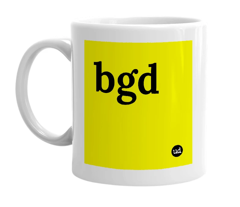 White mug with 'bgd' in bold black letters