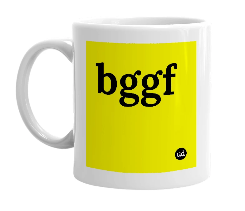 White mug with 'bggf' in bold black letters