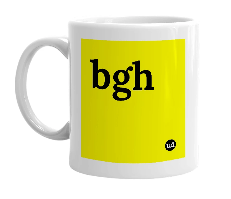 White mug with 'bgh' in bold black letters