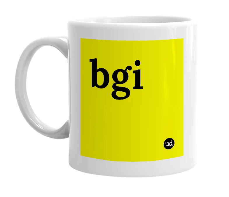 White mug with 'bgi' in bold black letters