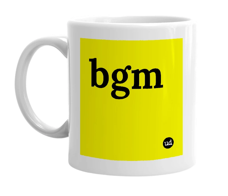 White mug with 'bgm' in bold black letters