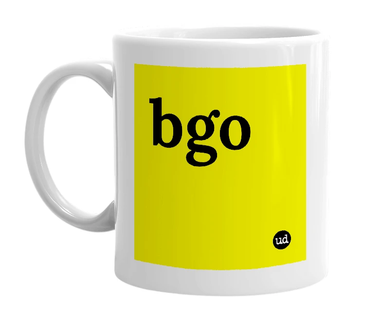 White mug with 'bgo' in bold black letters