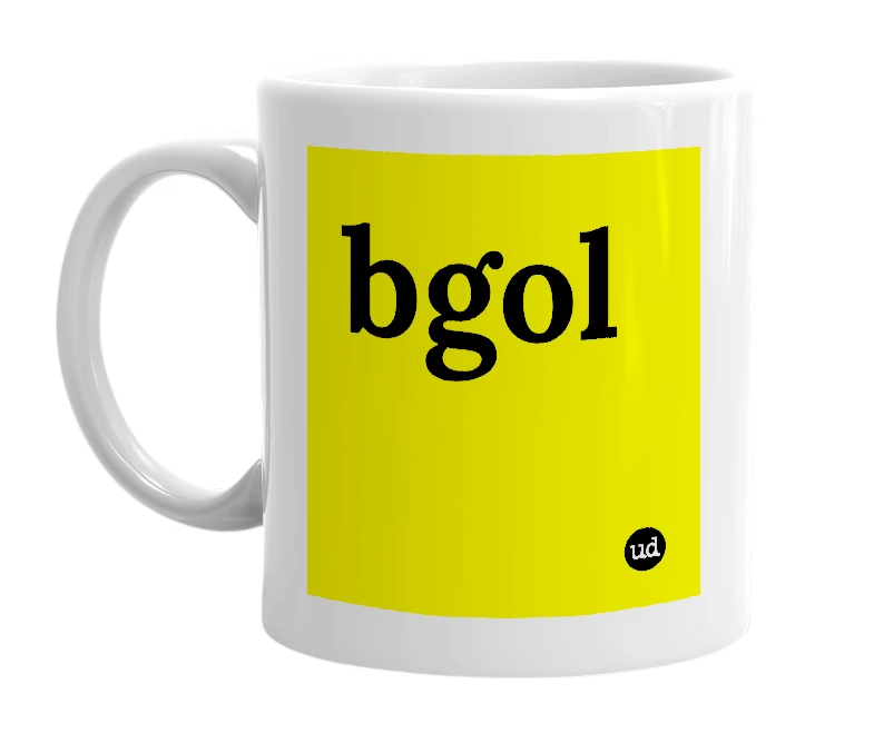 White mug with 'bgol' in bold black letters