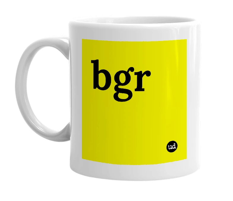 White mug with 'bgr' in bold black letters