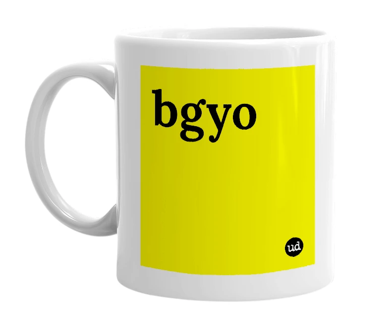 White mug with 'bgyo' in bold black letters