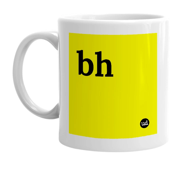 White mug with 'bh' in bold black letters