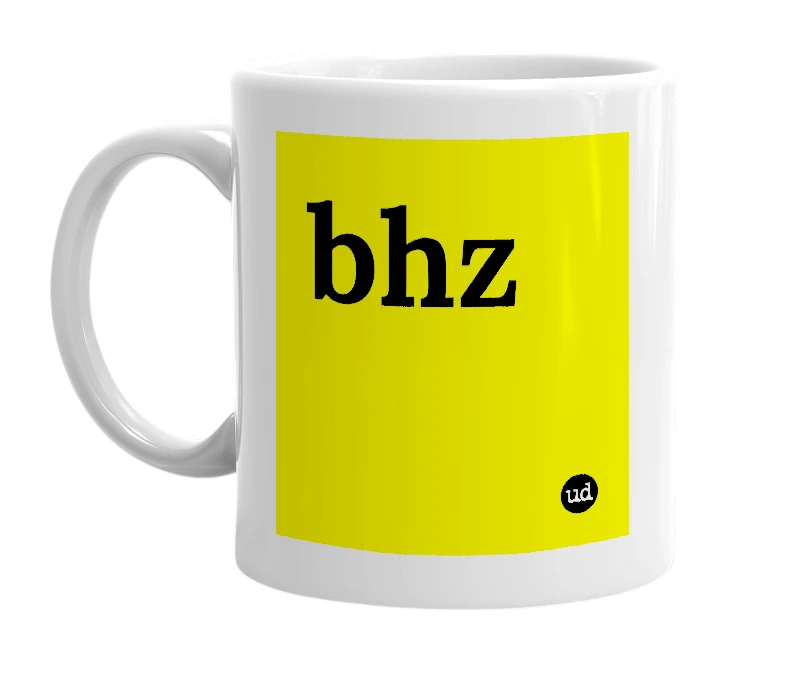 White mug with 'bhz' in bold black letters