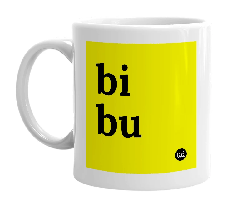 White mug with 'bi bu' in bold black letters
