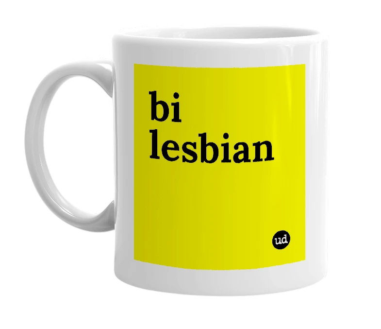 White mug with 'bi lesbian' in bold black letters