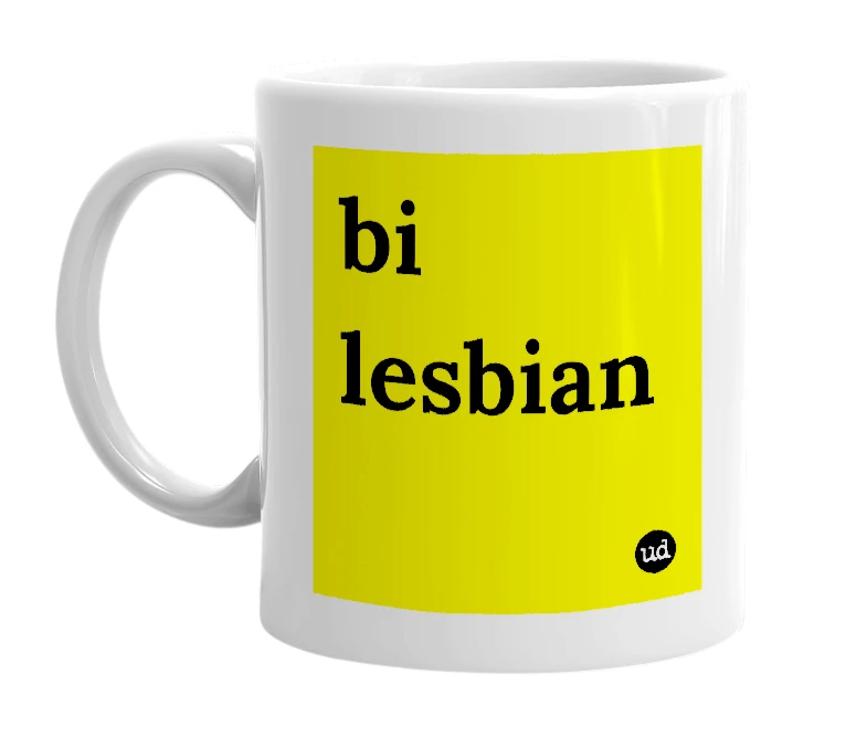White mug with 'bi lesbian' in bold black letters