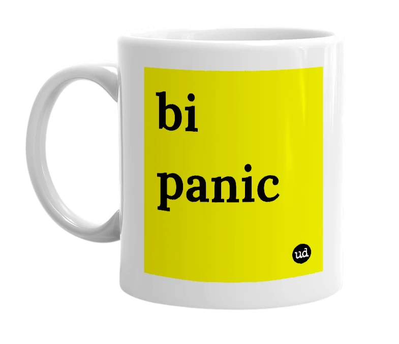 White mug with 'bi panic' in bold black letters