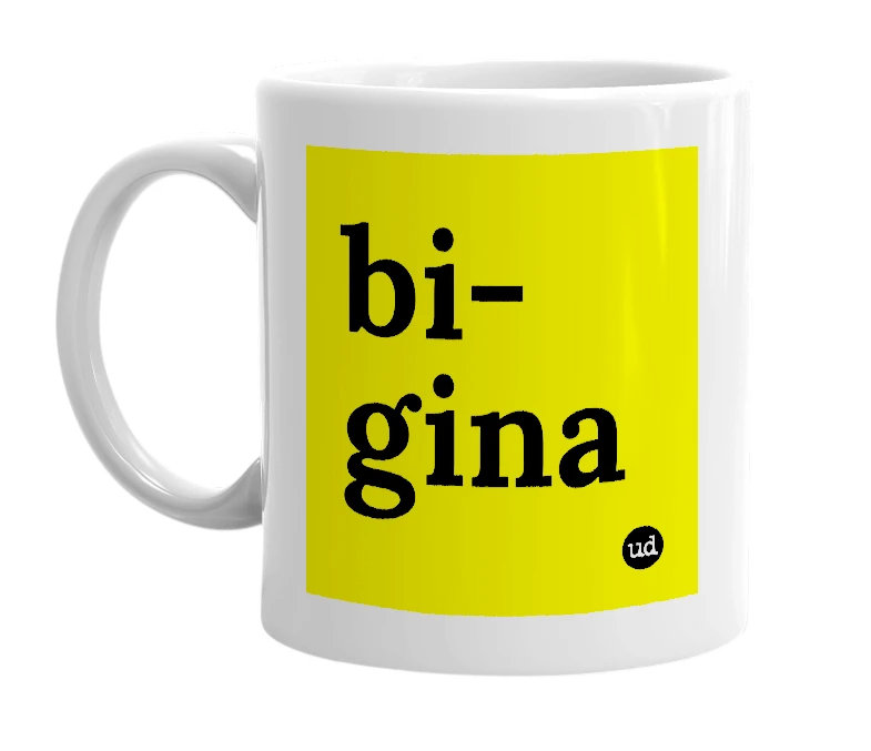 White mug with 'bi-gina' in bold black letters