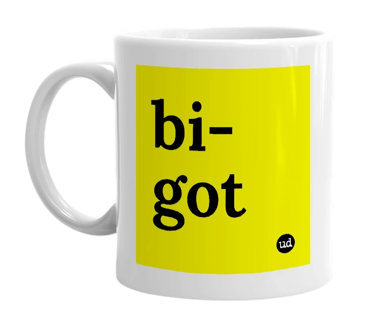 White mug with 'bi-got' in bold black letters