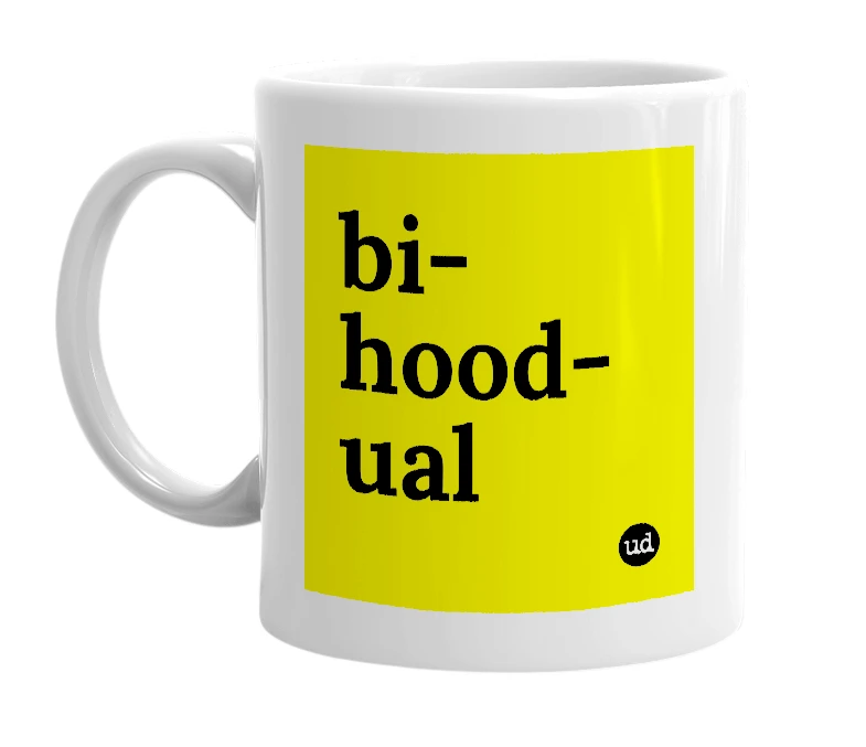 White mug with 'bi-hood-ual' in bold black letters