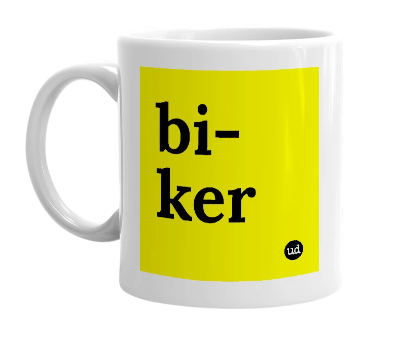 White mug with 'bi-ker' in bold black letters