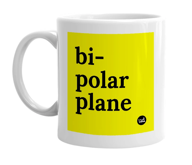 White mug with 'bi-polar plane' in bold black letters