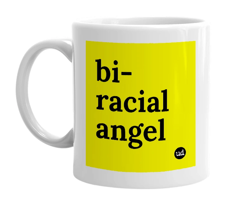 White mug with 'bi-racial angel' in bold black letters