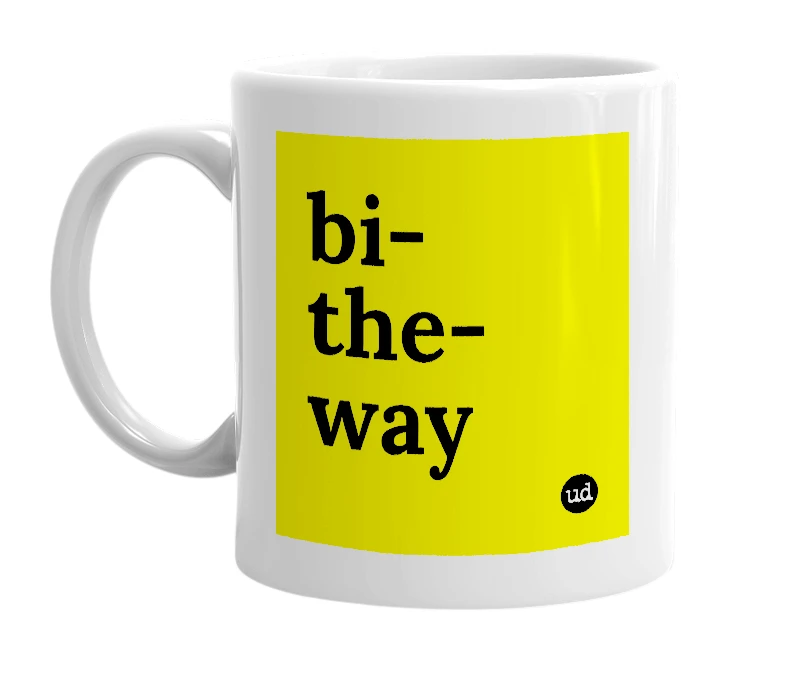 White mug with 'bi-the-way' in bold black letters