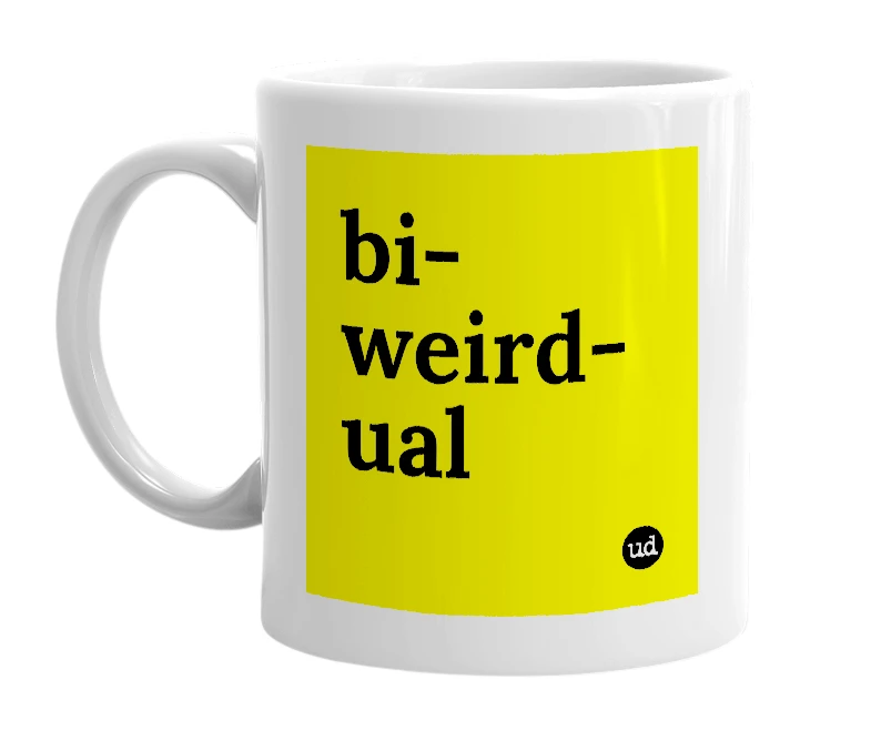 White mug with 'bi-weird-ual' in bold black letters