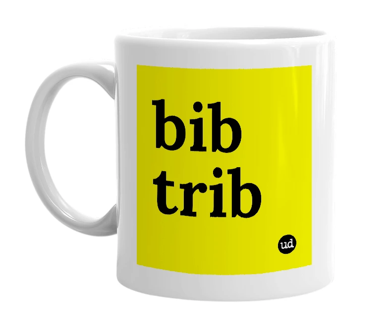 White mug with 'bib trib' in bold black letters