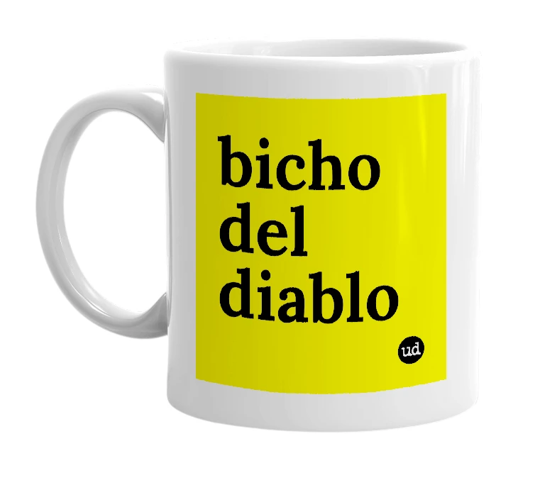 White mug with 'bicho del diablo' in bold black letters