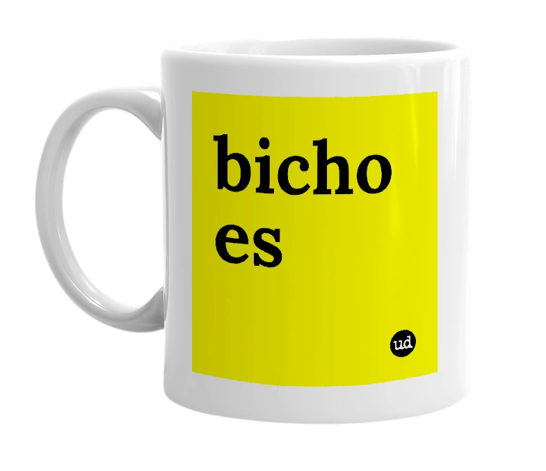 White mug with 'bicho es' in bold black letters